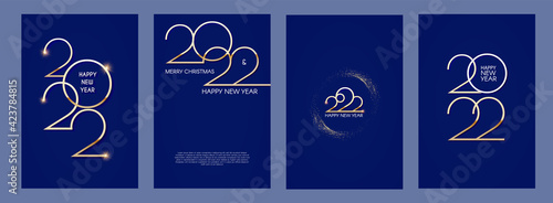 Happy new 2022 year Elegant gold text with light flyer set. Minimalistic text template.