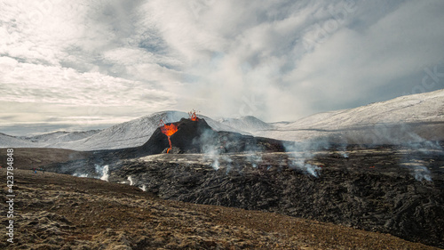 GELDINGADALUR, ICELAND. Erupting Fagradalsfjall volcano, 52 km from Reykjavík. View of the eruption located at the Reykjanes peninsula. 