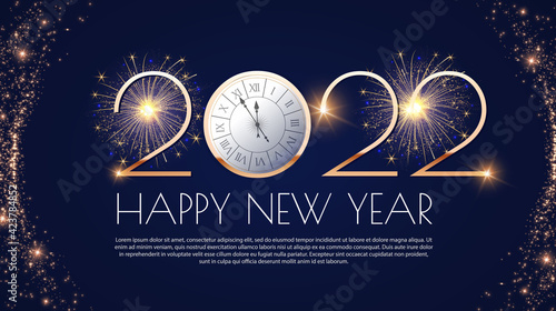 Happy new 2022 year Elegant gold text with light and clock. Minimalistic text template.