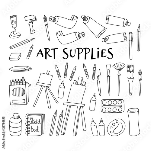 Art supplies collection. Hand drawn tools for painters isolated on white background. Vector illustration.
