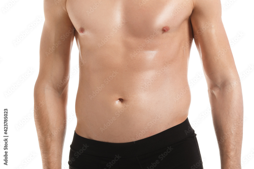 Sexy young man on white background, closeup