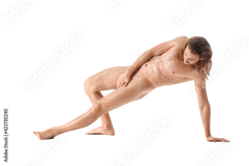 Naked young man on white background