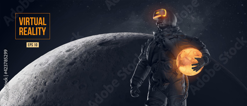 VR headset with neon light, future technology concept banner. Astronaut with virtual reality glasses on black background and Mars planet. VR games. Vector illustration. Thanks for watching