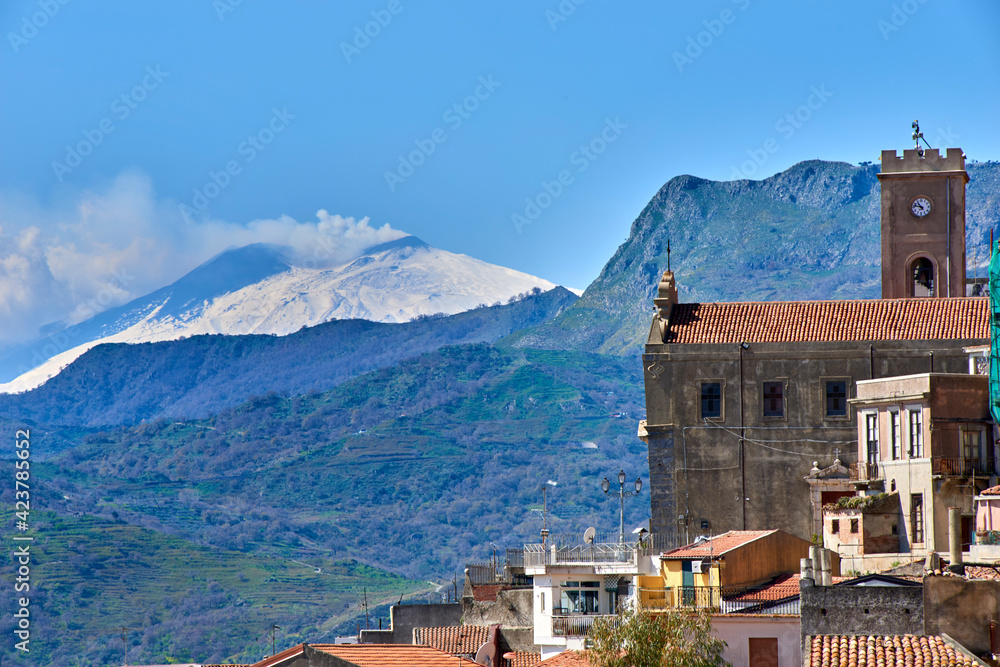 view and pamorama of the characteristic village in Sicily province of messina between mountains and sea, Casalvecchio Siculo, Me