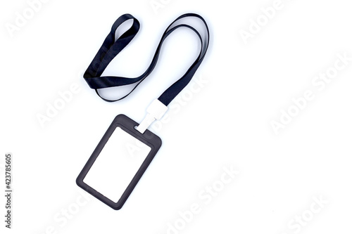 Black badge id card with black neck lanyard isolated on white background