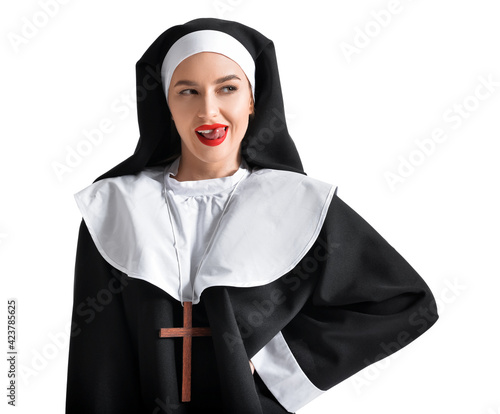 Sexy nun on white background