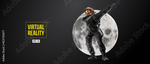 VR headset with neon light, future technology concept banner. Astronaut with virtual reality glasses on black background and Moon planet. VR games. Vector illustration. Thanks for watching