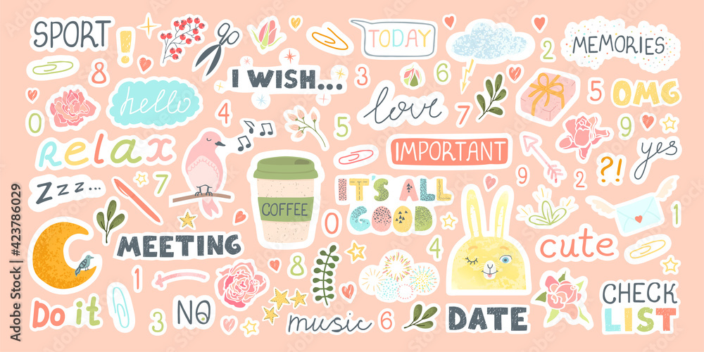 Set with cute stickers for daily planner and scheduler Set with cute stickers for daily planner and scheduler