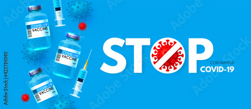 Vector coronavirus vaccine. Stop COVID-19 nCoV 2019 . Vaccine and syringe injection. Medicine infectious concept. Heath care design