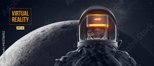 VR headset with neon light, future technology concept banner. Astronaut with virtual reality glasses on black background and Moon planet. VR games. Vector illustration. Thanks for watching