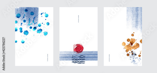 Abstact art design set. Hand painted minimalistic composition. Watercolor and inc paint stains in contemporary template. Cover, card, poster and banner modern design