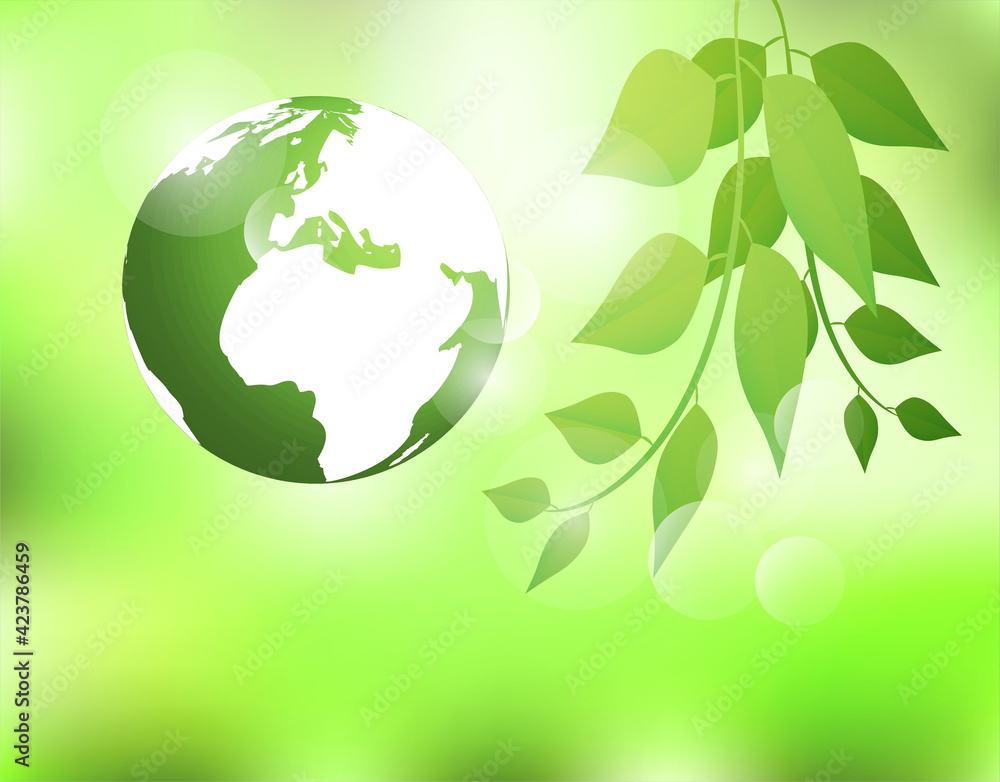 Ecology concept. Green earth on nature green background with green spring leaves. on sunshine and bokeh. Vector. illustration. Ecology concept. Green earth on nature green background with green spring leaves. on sunshine and bokeh. Vector. illustration.