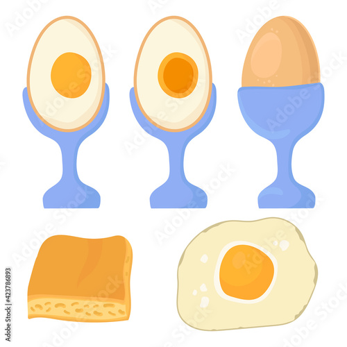 A set of drawings of a breakfast of eggs. An egg on a stand. Hard-boiled and soft-boiled egg in a cut on a stand, omelet, scrambled eggs. Colored flat vector illustration isolated on white background.