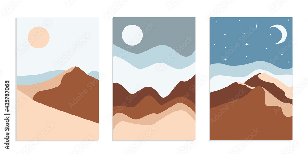 Desert abstract boho landscape with sun and moon. Abstract vector contemporary aesthetic background in Earth tones. Set of posters.
