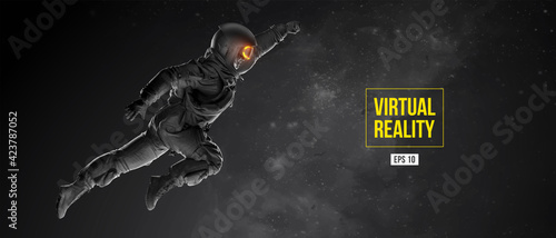 VR headset with neon light, future technology concept banner. Astronaut with virtual reality glasses on black background. VR games. Vector illustration. Thanks for watching