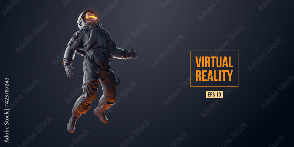 VR headset with neon light, future technology concept banner. Astronaut with virtual reality glasses on black background. VR games. Vector illustration. Thanks for watching