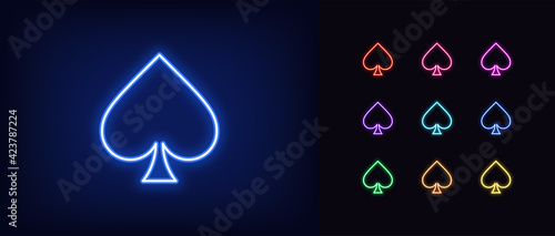 Neon spade suit icon. Glowing neon spades sign, outline card suit symbol and silhouette