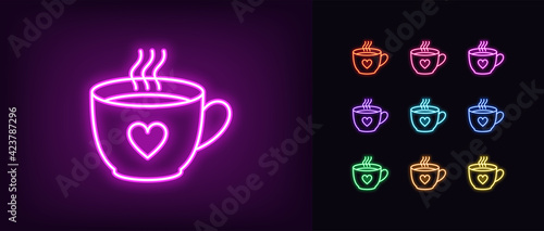 Neon coffee cup icon. Glowing neon tea cup with heart sign, outline mug symbol and silhouette