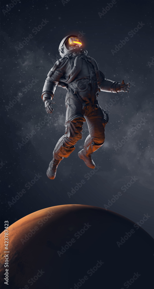 VR headset with neon light, future technology concept banner. Astronaut with virtual reality glasses on black background and Mars planet. VR games. Vector illustration. Thanks for watching - obrazy, fototapety, plakaty 