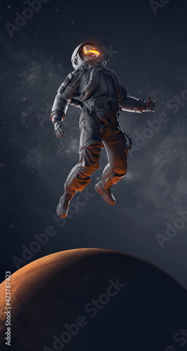 VR headset with neon light, future technology concept banner. Astronaut with virtual reality glasses on black background and Mars planet. VR games. Vector illustration. Thanks for watching