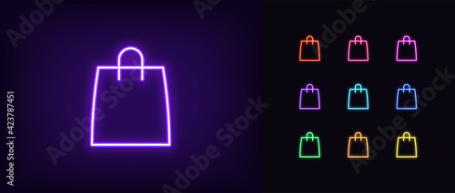 Neon shop bag icon. Glowing neon bag sign, outline silhouette