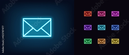 Neon mail envelope icon. Glowing neon email sign, incoming message silhouette