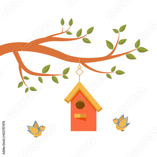 Cute tree branch with green leaves, colorful birdhouse and two yellow-blue birds. Beautiful spring illustration in cartoon style on white background. Bird Day. Vector, flat style