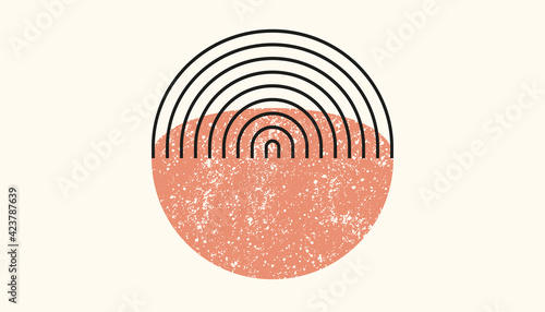 Abstract aesthetic boho textured background with arch and sun. Vector wall decor in terracota color. Mid century modern minimalist art design.