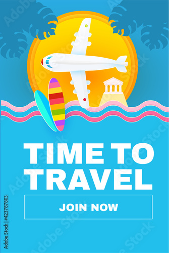 Summer vacation. Time to travel. Tourism flyer templatr with antic temple, plane, suitcase and sun. Museum poster