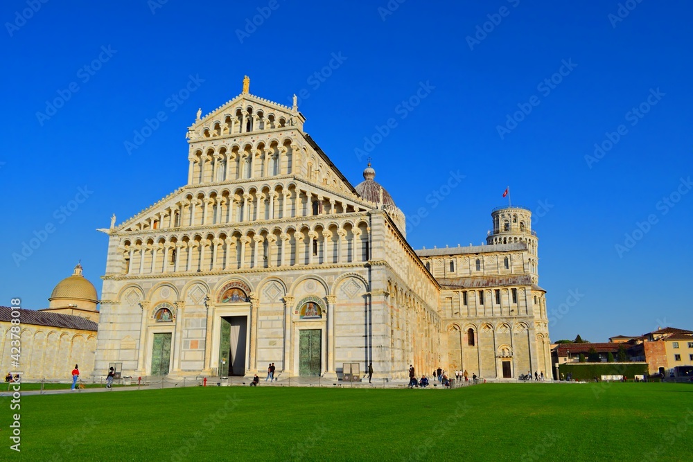 landscape of Piazza del Duomo also known as Piazza dei Miracoli in the city of Pisa in Tuscany, Italy