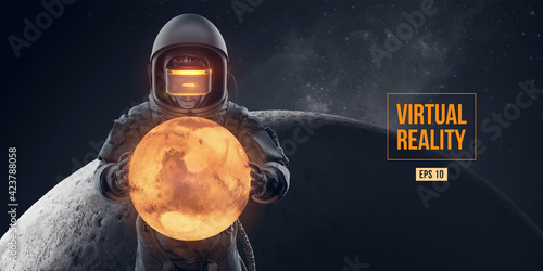VR headset with neon light, future technology concept banner. Astronaut with virtual reality glasses on black background and Mars planet. VR games. Vector illustration. Thanks for watching