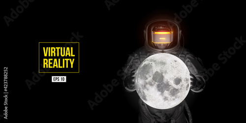 VR headset with neon light, future technology concept banner. Astronaut with virtual reality glasses on black background and Moon planet. VR games. Vector illustration. Thanks for watching