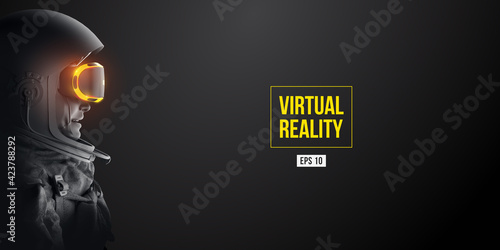VR headset with neon light, future technology concept banner. Astronaut with virtual reality glasses on black background. VR games. Vector illustration. Thanks for watching