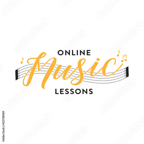 Online Music Lessons Logo, Online Lesson, Musical Lessons, Guitar School, Music School, Music Teacher, Music Lesson Vector Illustration Background