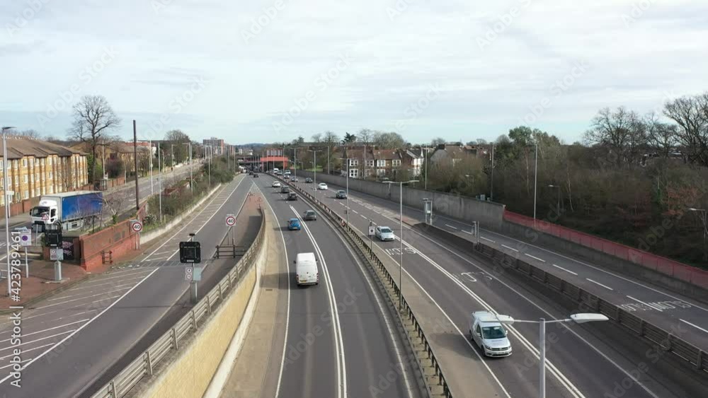 FAST MOVING VEHICLES ON FREEWAY M16 AERIAL FAST MOVING VEHICLES ON FREEWAY M16 AERIAL