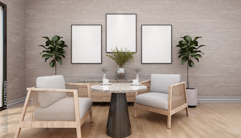 Stylish interior design of teahouse with mock up poster frame Stylish interior design of teahouse with mock up poster frame
