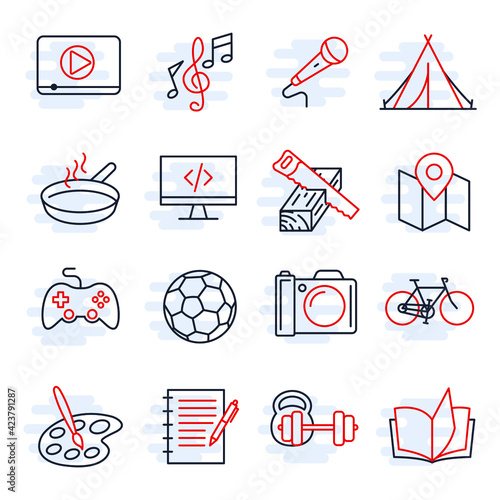 Vector hobby icons. Editable Stroke. Hobbies for children and adults at  home and outdoors. Sports, diving, dancing, reading, drawing, music and  singing, collecting, chess, astronomy, photo and video Stock Vector