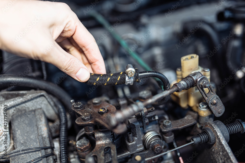 check of fuel hoses of a diesel engine of a car, diagnostics. check of fuel hoses of a diesel engine of a car, diagnostics.