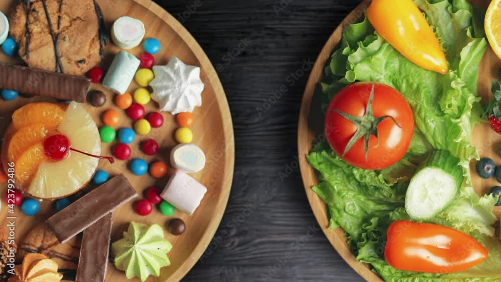 Healthy nutrition concept. Fruits and vegetables vs candy sweets and unhealthy food. Top view. Healthy nutrition concept. Fruits and vegetables vs candy sweets and unhealthy food. Top view.