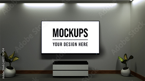 Mockup televisión TV sala landscape objetos movibles 3d render 