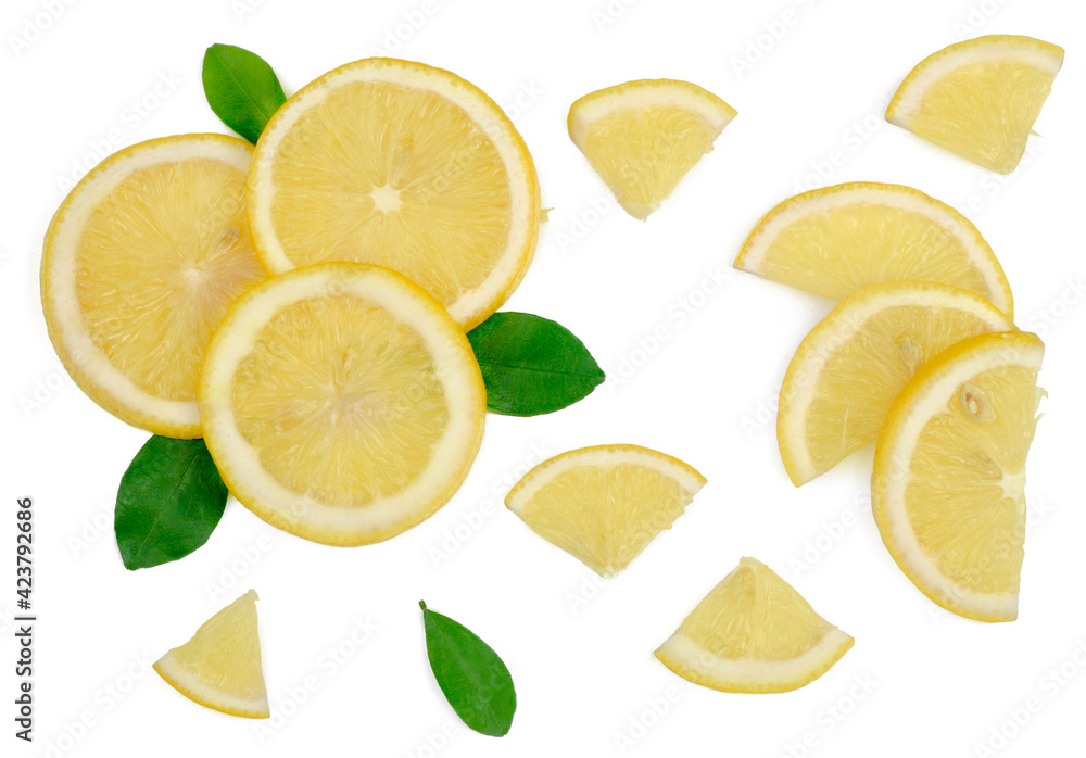 Lemon slices isolated on white background. Flat lay, top view