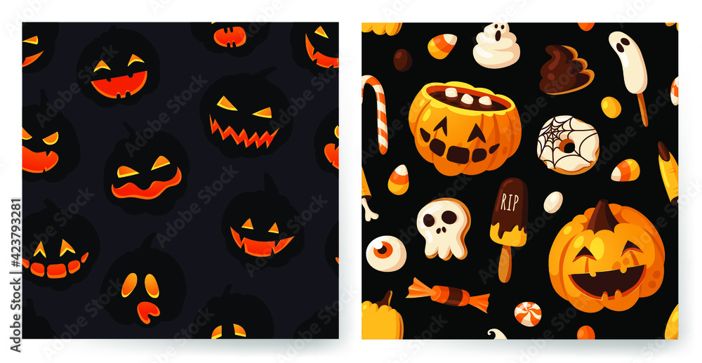 Hand drawn Halloween illustration Seamless Pattern. Creative Cartoon Style art work. Actual vector drawing food and drink for Party. Artistic isolated Season objects Hand drawn Halloween illustration Seamless Pattern. Creative Cartoon Style art work. Actual vector drawing food and drink for Party. Artistic isolated Season objects