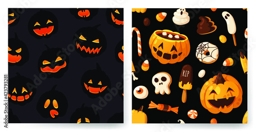 Hand drawn Halloween illustration Seamless Pattern. Creative Cartoon Style art work. Actual vector drawing food and drink for Party. Artistic isolated Season objects