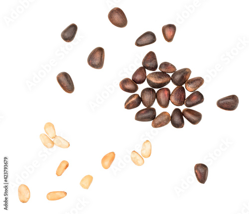 Pine nuts isolated on the whitebackground, top view