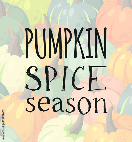 Cartoon Pumpkin Spice Season Image with Text. Hand drawn stylish vegetable. Vector drawing fresh organic food and Quote. Summer illustration vegan ingrediens for smoothies or Pie