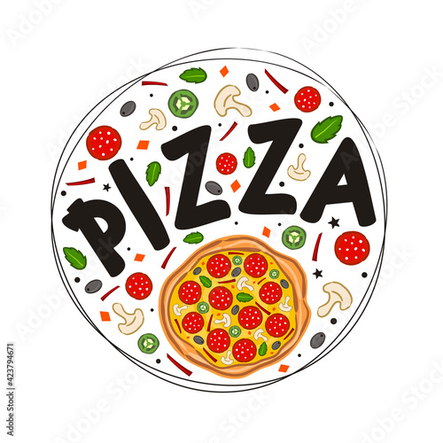Hand drawn pizza emblem in doodle style. Sausage pizza word. Logo for a pizzeria, cafe or restaurant. Vector food illustration
