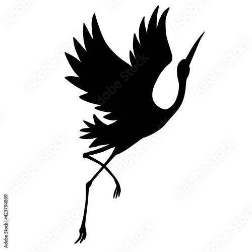 The silhouette of a flying crane on a white background.