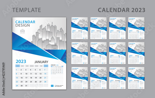 Calendar 2023 template, Set Desk Calendar design with Place for Photo and Company Logo. Wall calendar 2023. Week Starts on Sunday. Set of 12 Months. Blue polygon background photo