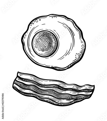 Ink sketch of fried egg and bacon.