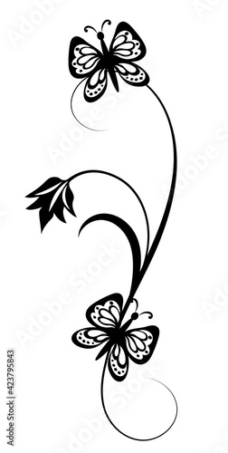 Vintage floral ornament with butterflies and flower for decoration greeting card or tattoo isolated on white background